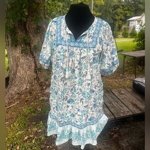 OLD NAVY COTTAGE CORE MIDI DRESS WHITE & BLUE FLORAL DESIGN WOMENS MEDIUM